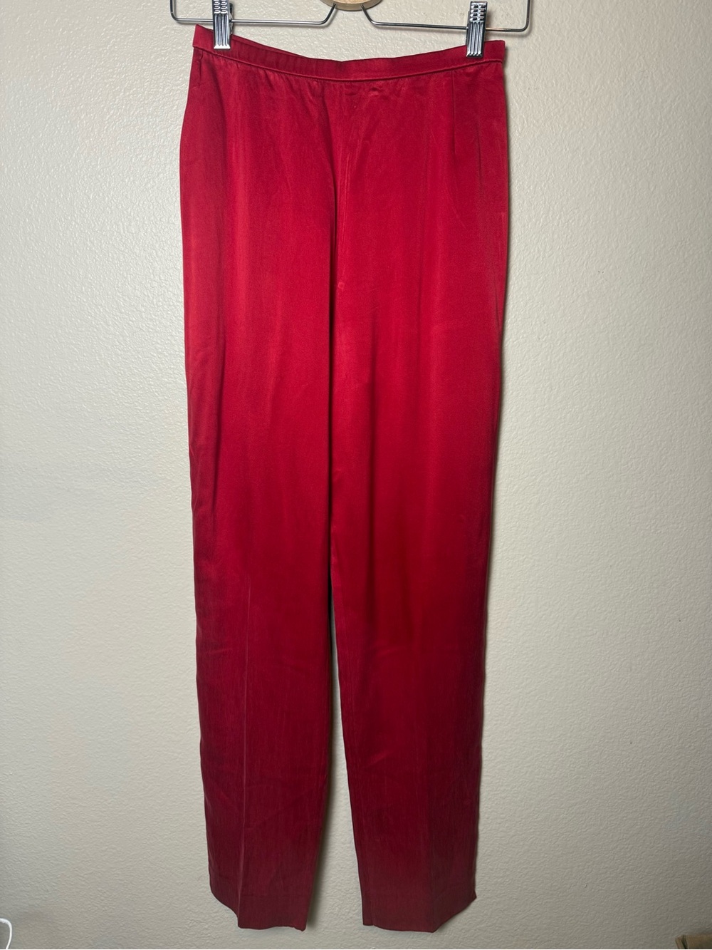 Donna Karan 100% Silk Bright Red Straight-Leg Pull-On Pants